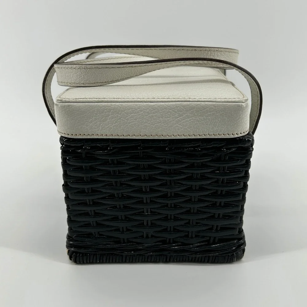 Vintage Kate Spade New York Black Wicker Basket White Leather Bag Polka Dot - Picture 12 of 16